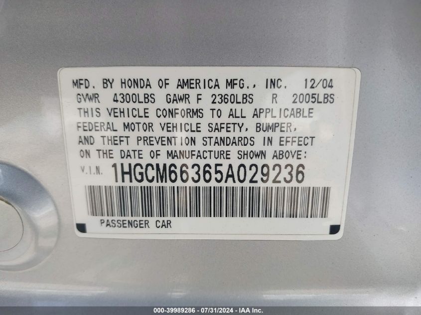 2005 Honda Accord Lx VIN: 1HGCM66365A029236 Lot: 39989286