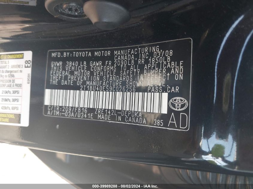 2009 Toyota Corolla Le VIN: 2T1BU40E59C026256 Lot: 39989288