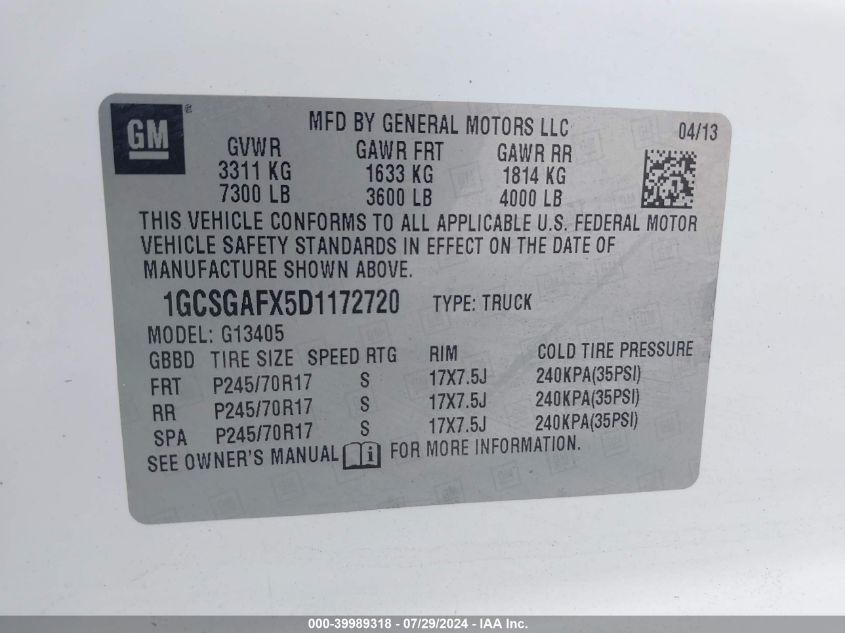 2013 Chevrolet Express 1500 Work Van VIN: 1GCSGAFX5D1172720 Lot: 39989318