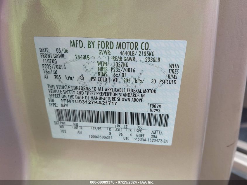 2007 Ford Escape Xlt/Xlt Sport VIN: 1FMYU93127KA21717 Lot: 39989378