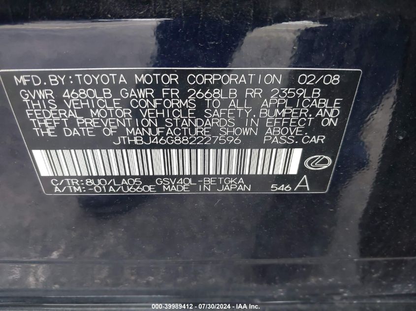2008 Lexus Es 350 VIN: JTHBJ46G882227596 Lot: 39989412