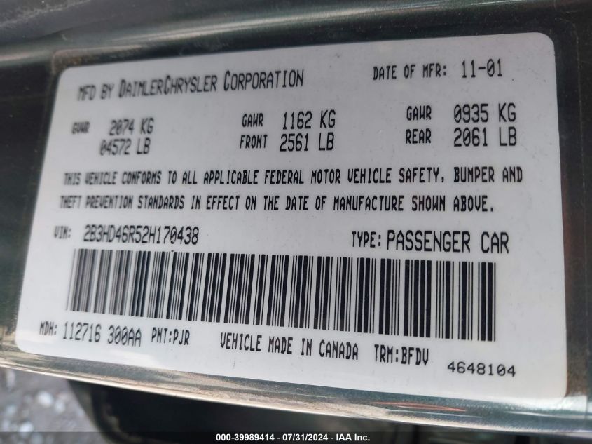 2002 Dodge Intrepid Se VIN: 2B3HD46R52H170438 Lot: 39989414