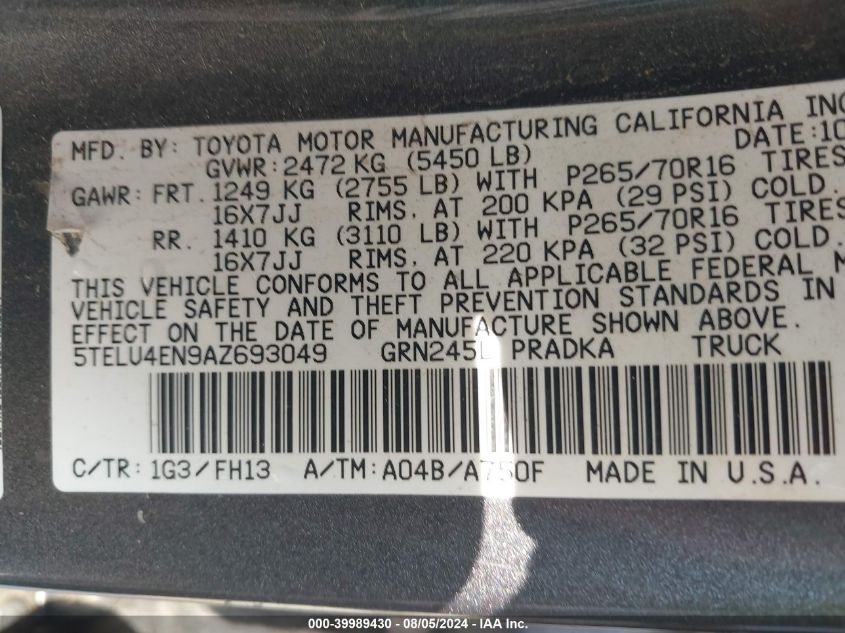 2010 Toyota Tacoma Base V6 VIN: 5TELU4EN9AZ693049 Lot: 39989430