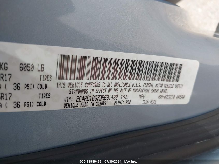 2013 Chrysler Town & Country Touring VIN: 2C4RC1BG7DR691408 Lot: 39989433