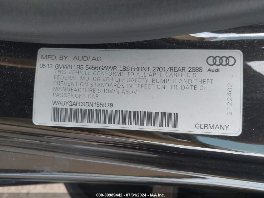 2013 Audi A7 3.0T Premium VIN: WAUYGAFC9DN155979 Lot: 39989442