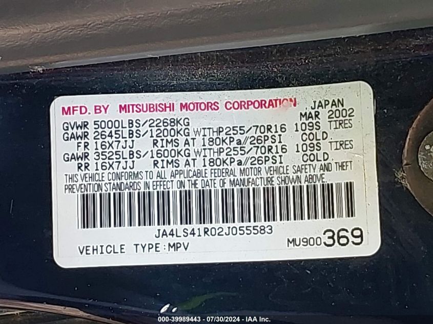 2002 Mitsubishi Montero Sport Ltd VIN: JA4LS41R02J055583 Lot: 39989443