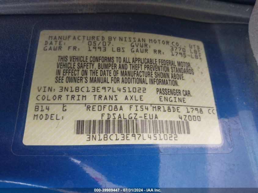 2007 Nissan Versa S/Sl VIN: 3N1BC13E97L451022 Lot: 39989447