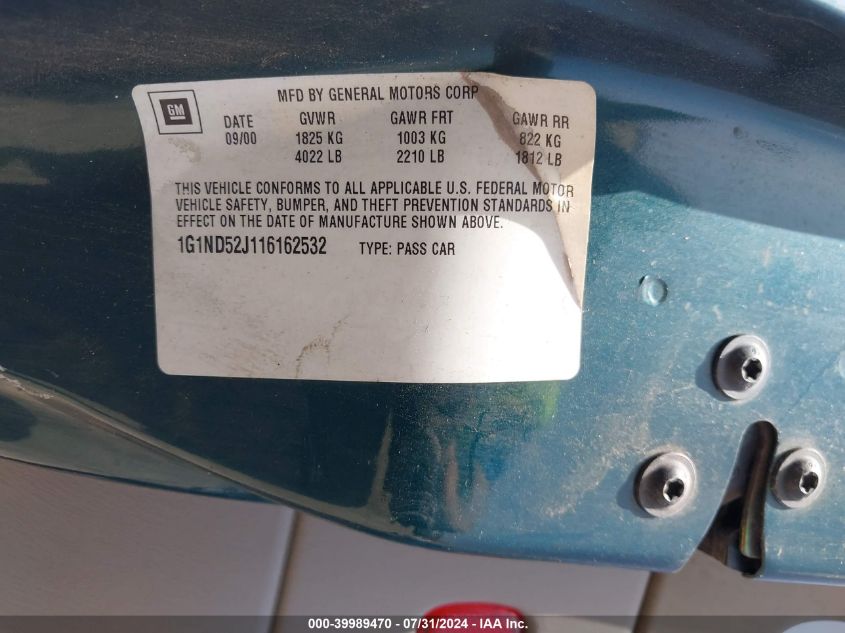 2001 Chevrolet Malibu VIN: 1G1ND52J116162532 Lot: 39989470