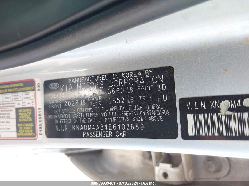 KNADM4A34E6402689 2014 Kia Rio Lx