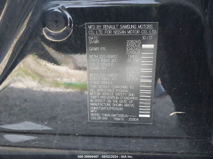 2018 Nissan Rogue S/Sv VIN: KNMAT2MTXJP515690 Lot: 39989487