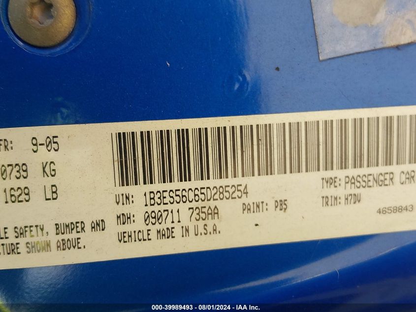 2005 Dodge Neon Sxt VIN: 1B3ES56C65D285254 Lot: 39989493