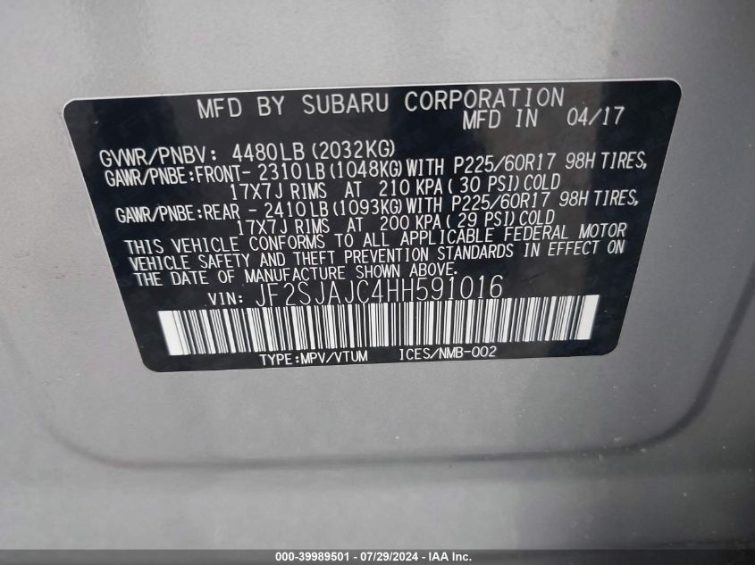 2017 Subaru Forester 2.5I Limited VIN: JF2SJAJC4HH591016 Lot: 39989501