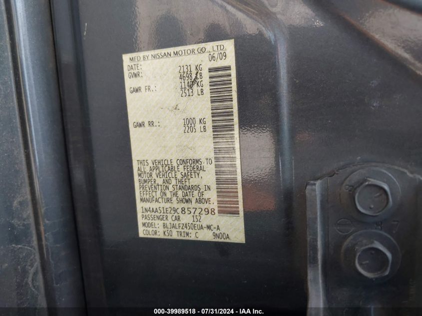 2009 Nissan Maxima 3.5 Sv VIN: 1N4AA51E29C857298 Lot: 39989518