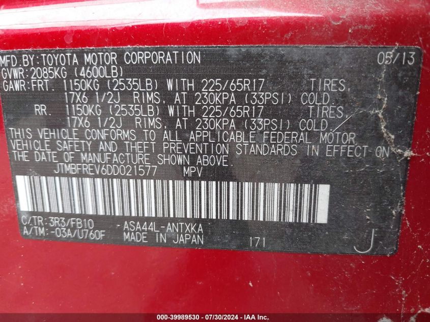 2013 Toyota Rav4 Le VIN: JTMBFREV6DD021577 Lot: 39989530