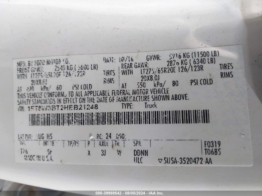 2017 Ford F350 Super Duty VIN: 1FT8W3BT2HEB21248 Lot: 39989542