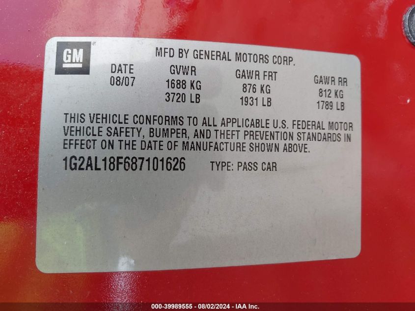 2008 Pontiac G5 VIN: 1G2AL18F687101626 Lot: 39989555