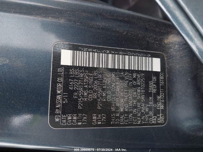 2011 Nissan Juke Sl VIN: JN8AF5MV1BT022519 Lot: 39989575