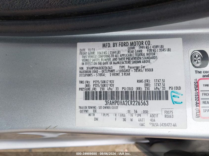 2012 Ford Fusion Se VIN: 3FAHP0HA2CR226563 Lot: 39989585