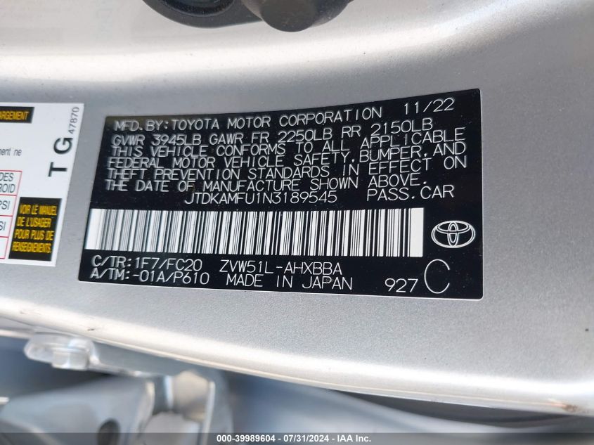 2022 Toyota Prius L VIN: JTDKAMFU1N3189545 Lot: 39989604