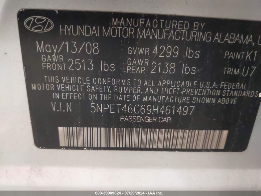 2009 Hyundai Sonata Gls VIN: 5NPET46C69H461497 Lot: 39989624