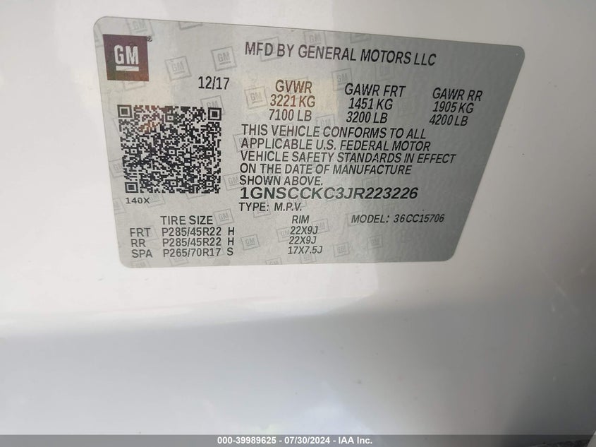 1GNSCCKC3JR223226 2018 Chevrolet Tahoe Premier