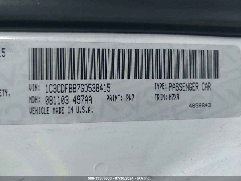 2016 Dodge Dart Sxt VIN: 1C3CDFBB7GD538415 Lot: 39989630