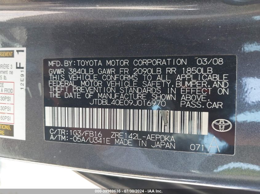 2009 Toyota Corolla VIN: JTDBL40E09J016970 Lot: 39989635