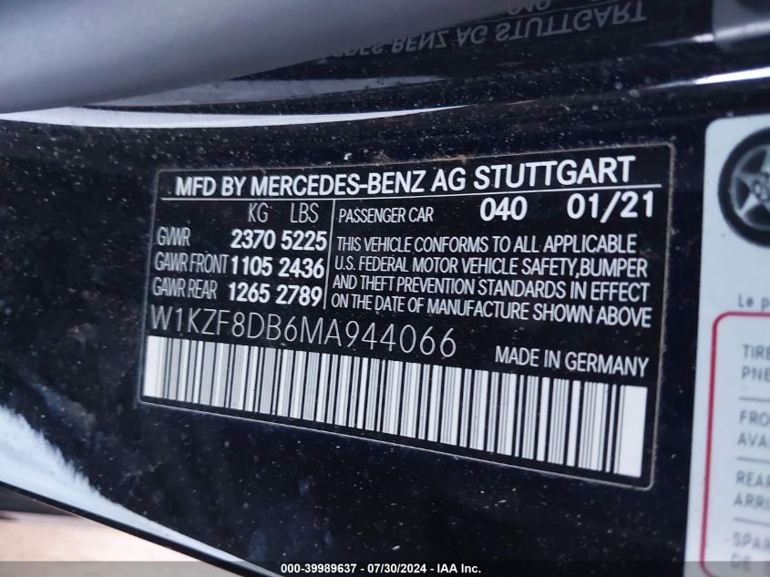 2021 Mercedes-Benz E 350 VIN: W1KZF8DB6MA944066 Lot: 39989637