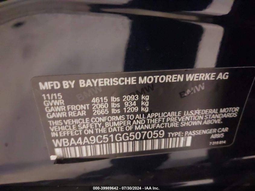 2016 BMW 4 Series 428I VIN: WBA4A9C51GG507059 Lot: 39989642