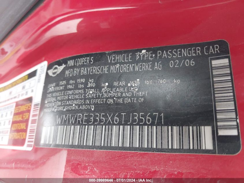 2006 Mini Cooper S S VIN: WMWRE335X6TJ35671 Lot: 39989646