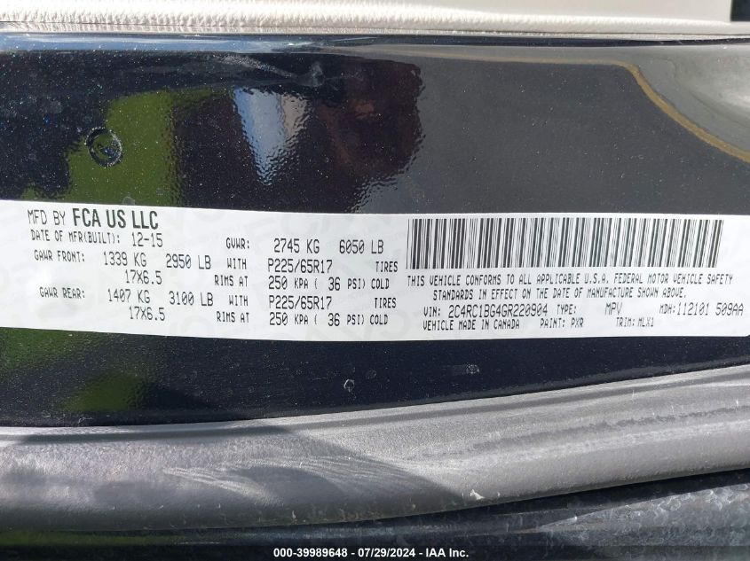 2016 Chrysler Town & Country Touring VIN: 2C4RC1BG4GR220904 Lot: 39989648