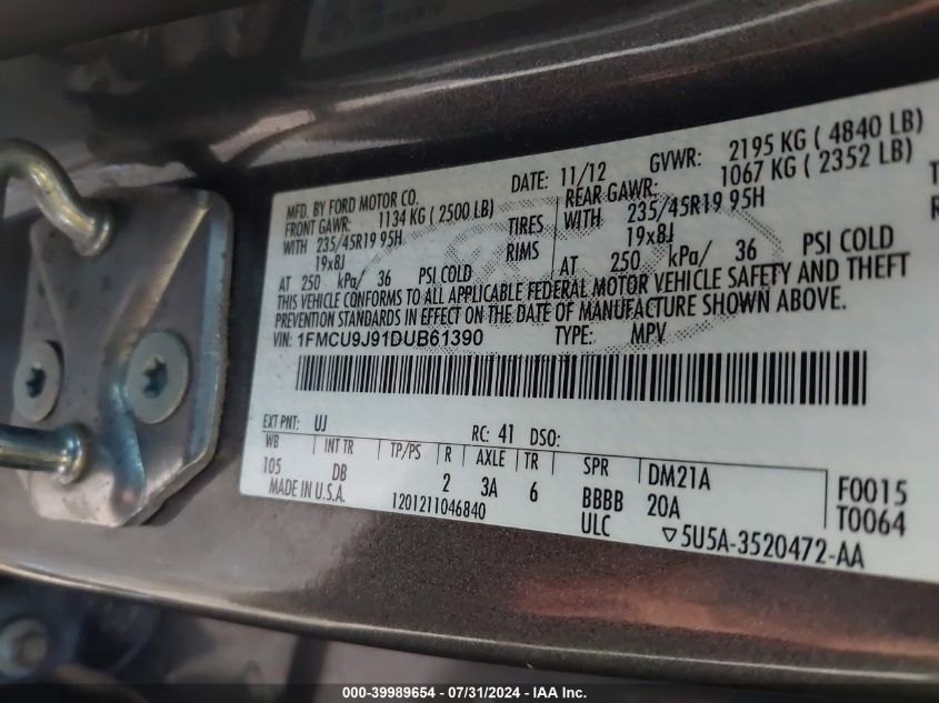 2013 Ford Escape Titanium VIN: 1FMCU9J91DUB61390 Lot: 39989654