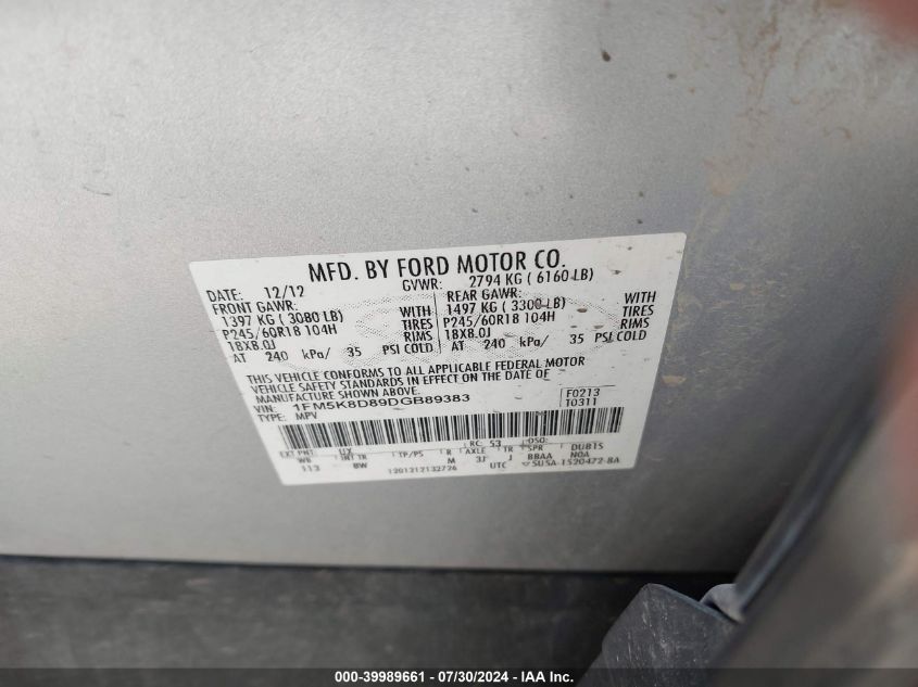 2013 Ford Explorer Xlt VIN: 1FM5K8D89DGB89383 Lot: 39989661