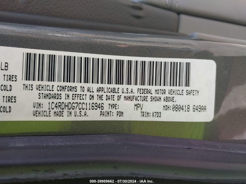 2012 Dodge Durango Crew VIN: 1C4RDHDG7CC116946 Lot: 39989662