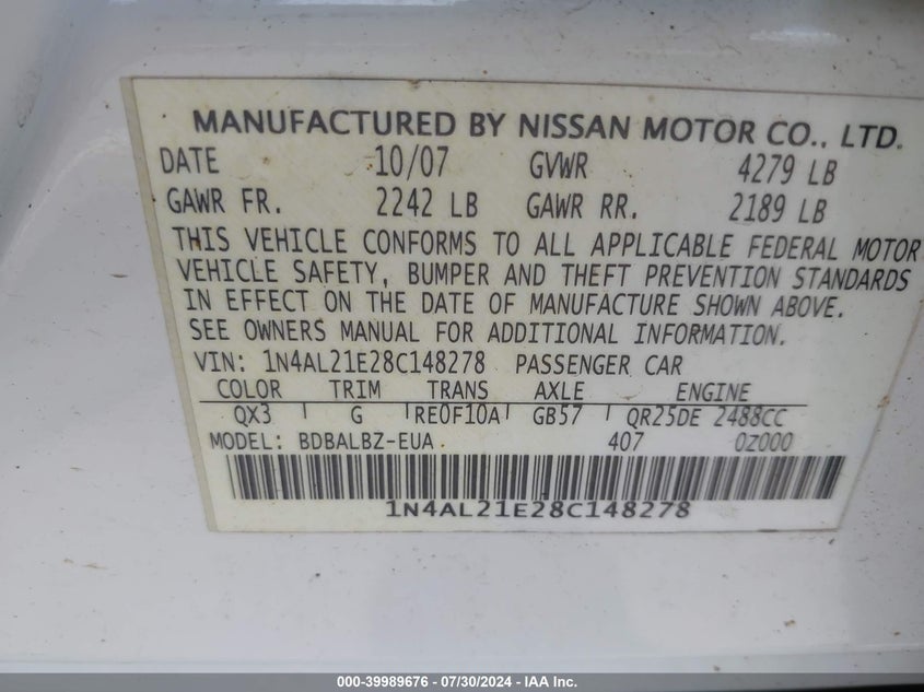 2008 Nissan Altima VIN: 1N4AN21E28C148278 Lot: 39989676