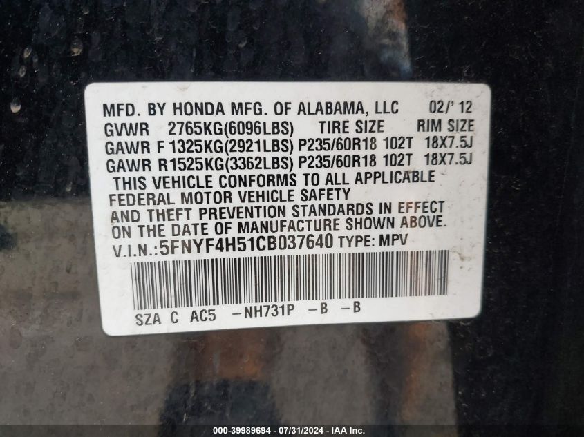 2012 Honda Pilot Ex-L VIN: 5FNYF4H51CB037640 Lot: 39989694