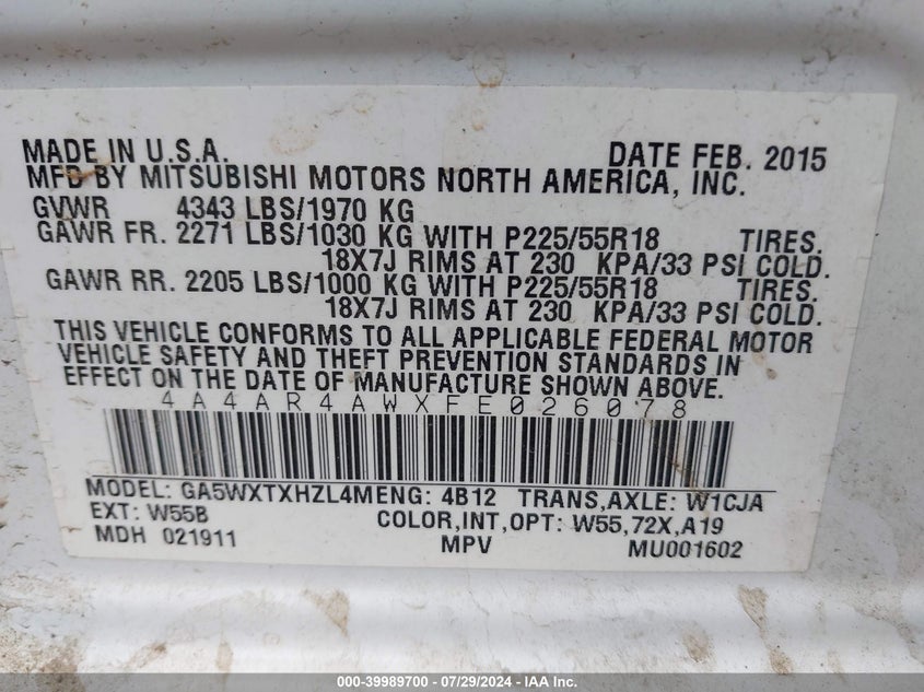 2015 Mitsubishi Outlander Sport Gt VIN: 4A4AR4AWXFE026078 Lot: 39989700