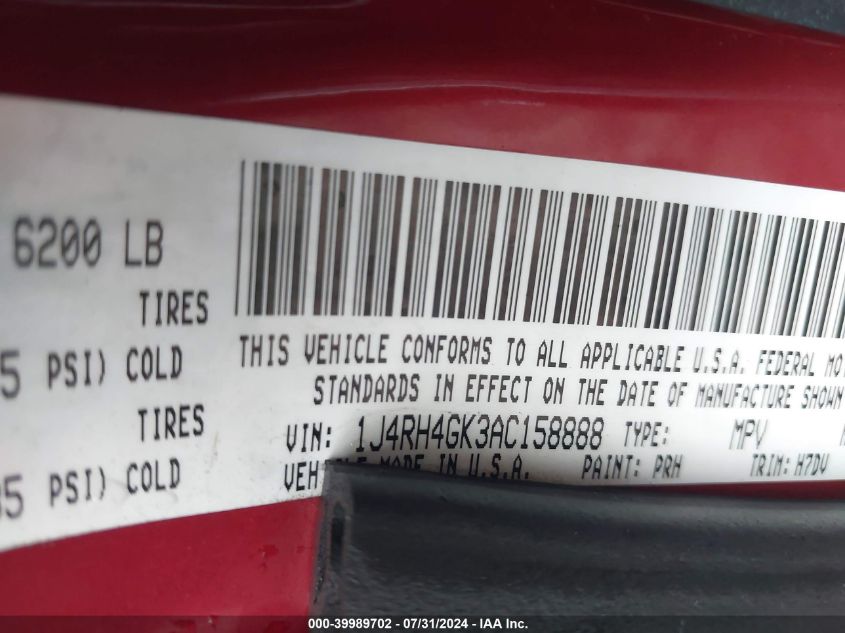 2010 Jeep Commander Sport VIN: 1J4RH4GK3AC158888 Lot: 39989702