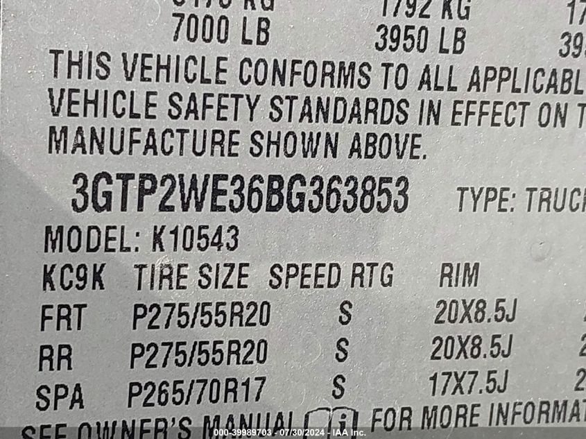 2011 GMC Sierra 1500 Slt VIN: 3GTP2WE36BG363853 Lot: 39989703