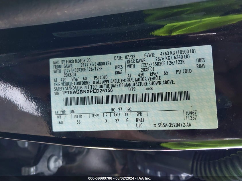 2023 Ford F250 Super Duty VIN: 1FT8W2BNXPED25158 Lot: 39989706