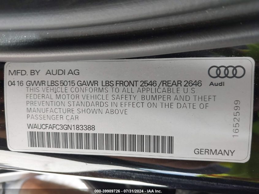 2016 Audi A6 2.0T Premium VIN: WAUCFAFC3GN183388 Lot: 39989726