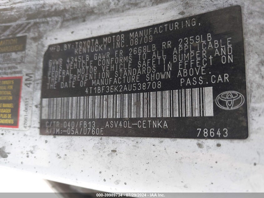 2010 Toyota Camry Le VIN: 4T1BF3EK2AU538708 Lot: 39989734