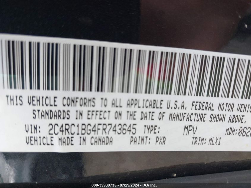 2015 Chrysler Town & Country Touring VIN: 2C4RC1BG4FR743645 Lot: 39989735