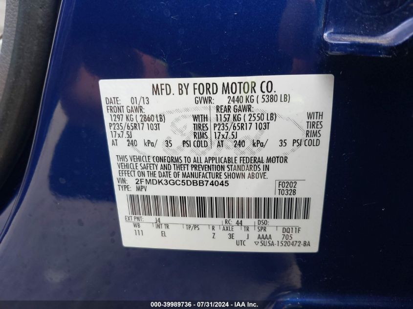 2013 Ford Edge Se VIN: 2FMDK3GC5DBB74045 Lot: 39989736