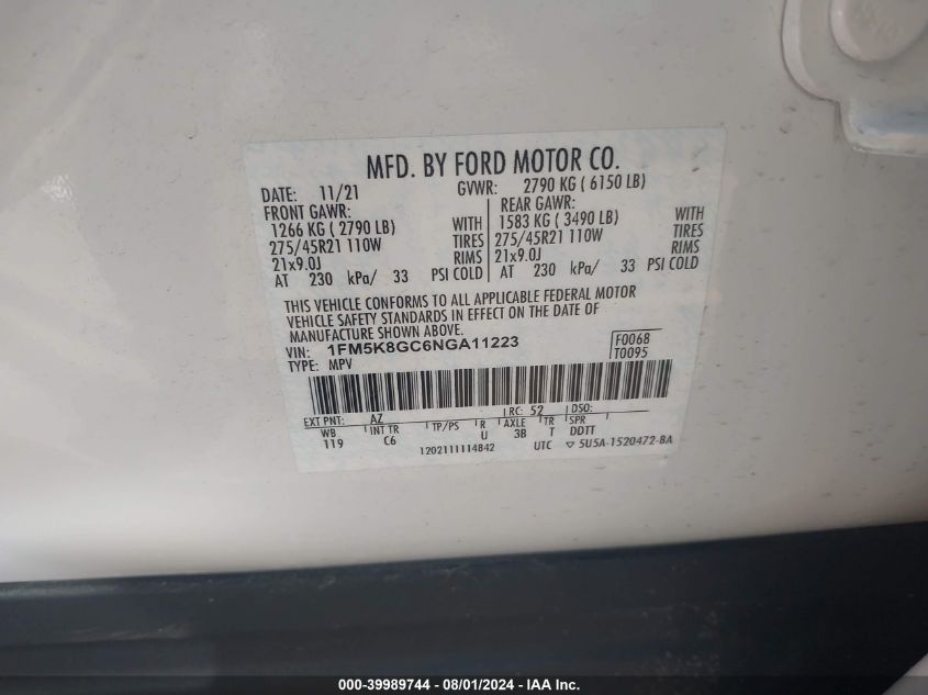 2022 Ford Explorer St VIN: 1FM5K8GC6NGA11223 Lot: 39989744