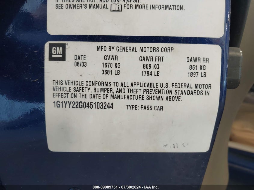 2004 Chevrolet Corvette VIN: 1G1YY22G045103244 Lot: 39989751