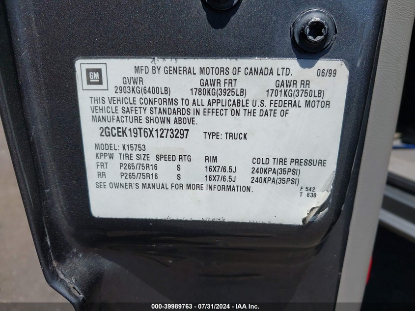 1999 Chevrolet Silverado 1500 Ls VIN: 2GCEK19T6X1273297 Lot: 39989763