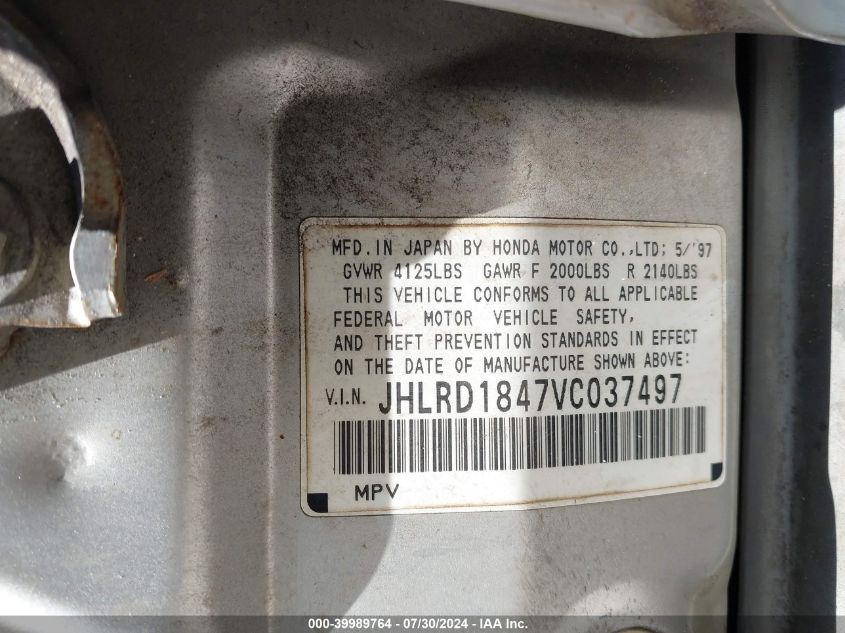 1997 Honda Cr-V VIN: JHLRD1847VC037497 Lot: 39989764