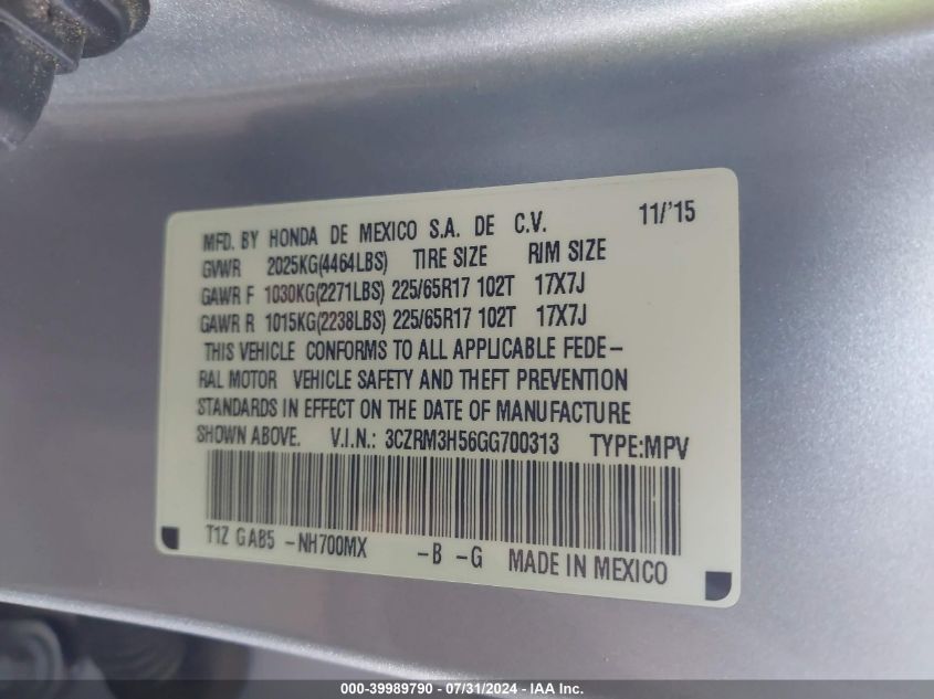 2016 Honda Cr-V Ex VIN: 3CZRM3H56GG700313 Lot: 39989790