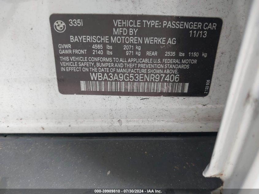 2014 BMW 335 I VIN: WBA3A9G53ENR97406 Lot: 39989810